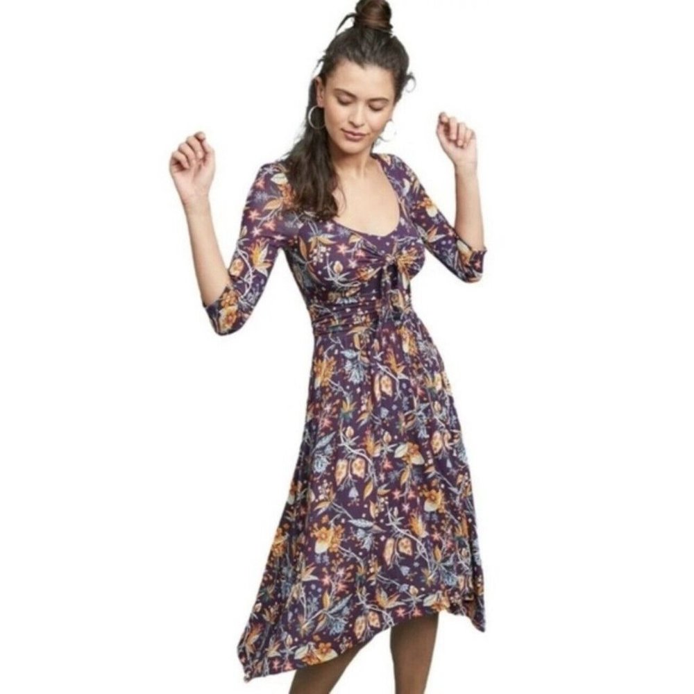 Maeve Anthropologie Womens Floral Print V Neck Maxi Dress Purple Size XS